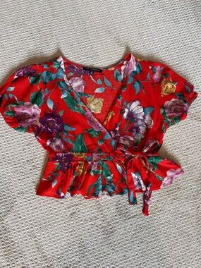 Red Floral Wrap Top